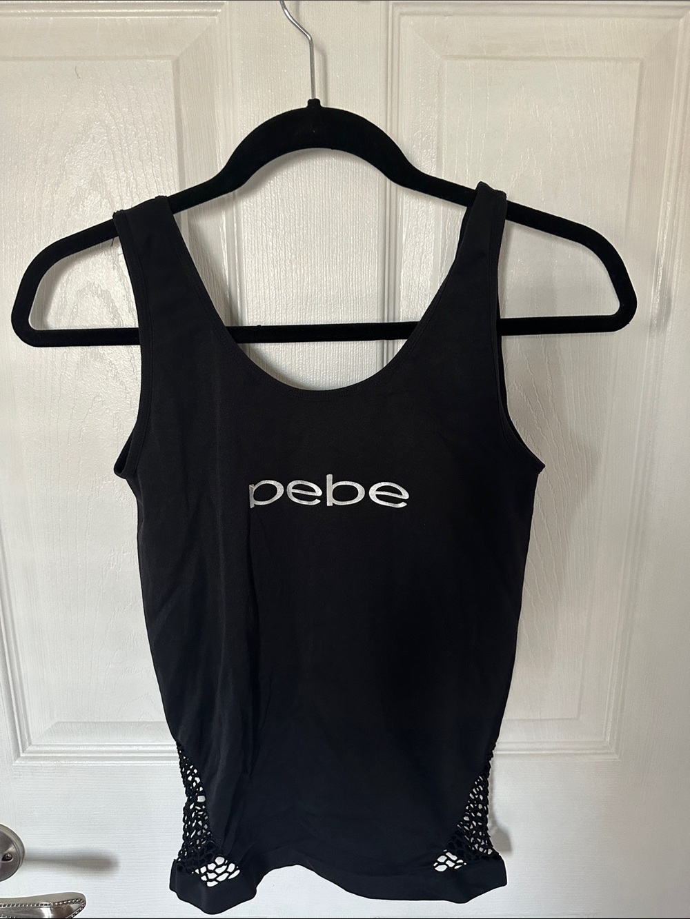 bebe Black Tank Top with White Logo and Side Mesh